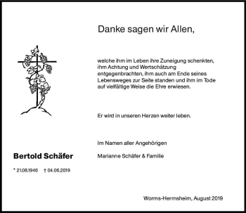 Traueranzeige von Bertold Schäfer von vrm-trauer
