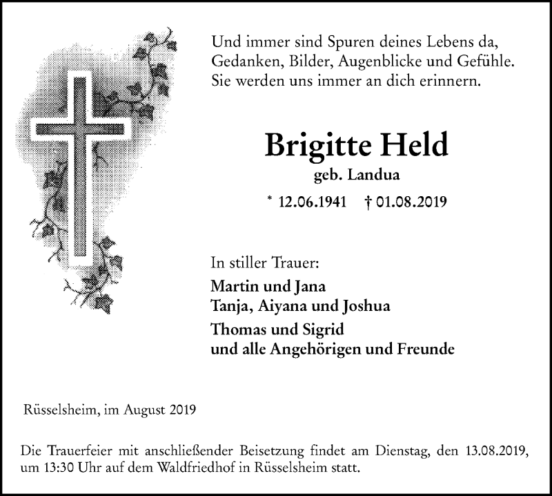  Traueranzeige für Brigitte Held vom 10.08.2019 aus vrm-trauer