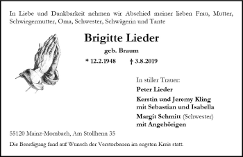 Traueranzeige von Brigitte Lieder von vrm-trauer