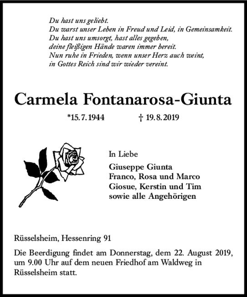  Traueranzeige für Carmela Fontanarosa-Giunta vom 21.08.2019 aus vrm-trauer