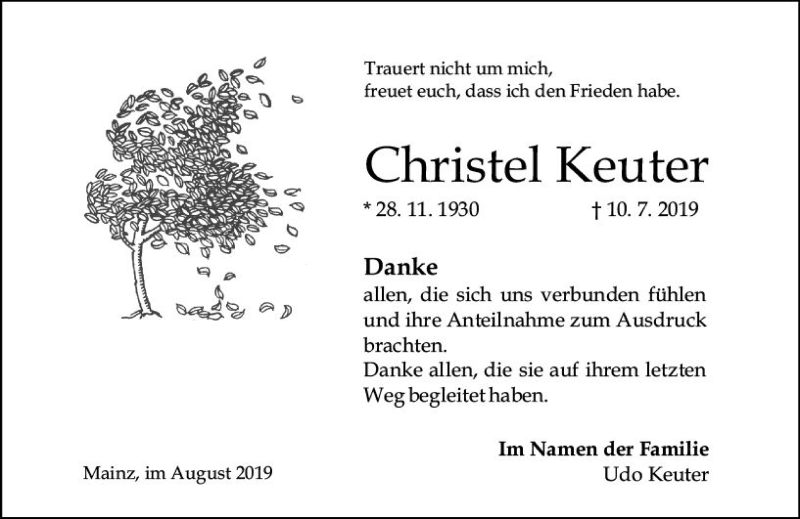  Traueranzeige für Christel Keuter vom 03.08.2019 aus vrm-trauer