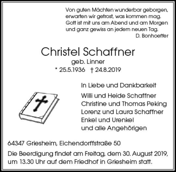 Traueranzeige von Christel Schaffner von vrm-trauer