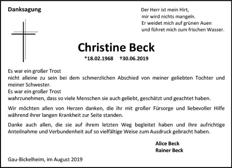  Traueranzeige für Christine Beck vom 08.08.2019 aus vrm-trauer