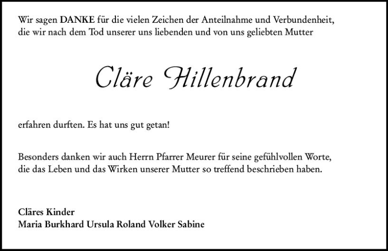  Traueranzeige für Cläre Hillenbrand vom 17.08.2019 aus vrm-trauer