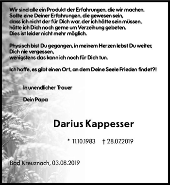 Traueranzeige von Darius Kappesser von vrm-trauer