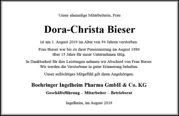 Traueranzeige von Dora-Christa Bieser von vrm-trauer