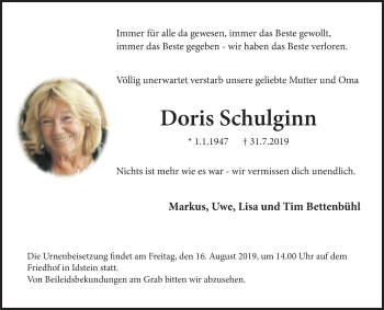 Traueranzeige von Doris Schulginn von vrm-trauer
