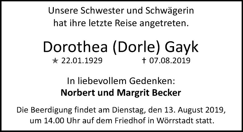  Traueranzeige für Dorothea Gayk vom 10.08.2019 aus vrm-trauer