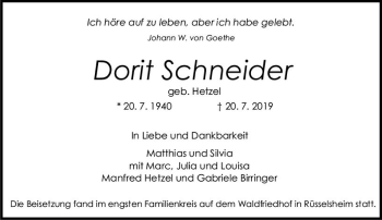 Traueranzeige von Dorrt Schneider von vrm-trauer