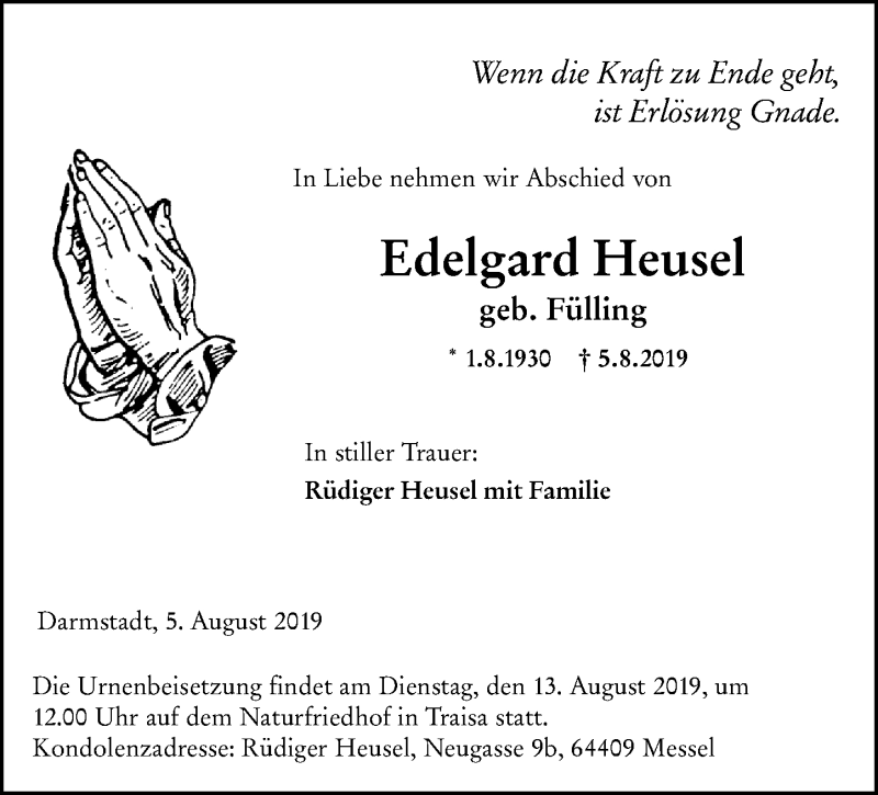  Traueranzeige für Edelgard Heusel vom 10.08.2019 aus vrm-trauer