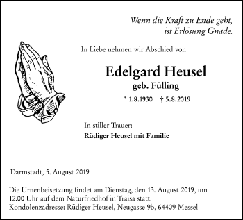 Traueranzeige von Edelgard Heusel von vrm-trauer