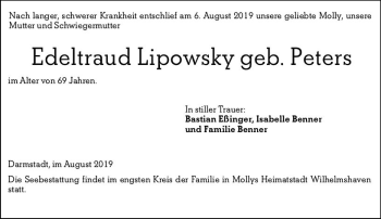 Traueranzeige von Edeltraud Lipowsky von vrm-trauer