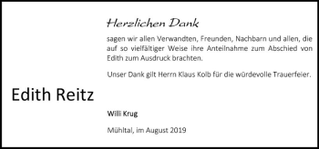 Traueranzeige von Edith Reitz von vrm-trauer