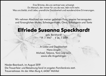 Traueranzeige von Elfriede Susanna Speckhardt von vrm-trauer
