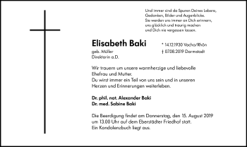 Traueranzeige von Elisabeth Baki von vrm-trauer