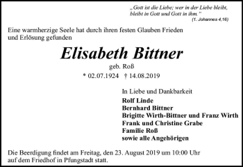 Traueranzeige von Elisabeth Bittner von vrm-trauer