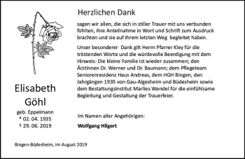Traueranzeige von Elisabeth Göhl von vrm-trauer