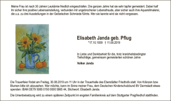 Traueranzeige von Elisabeth Janda von vrm-trauer