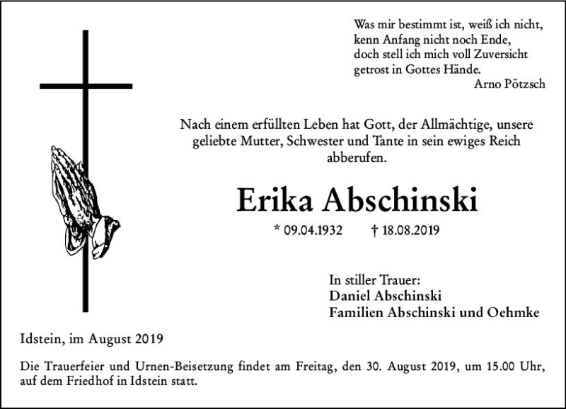  Traueranzeige für Erika Abschinski vom 24.08.2019 aus vrm-trauer