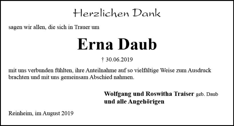  Traueranzeige für Erna Daub vom 31.08.2019 aus vrm-trauer