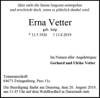 Traueranzeige von Erna Vetter von vrm-trauer