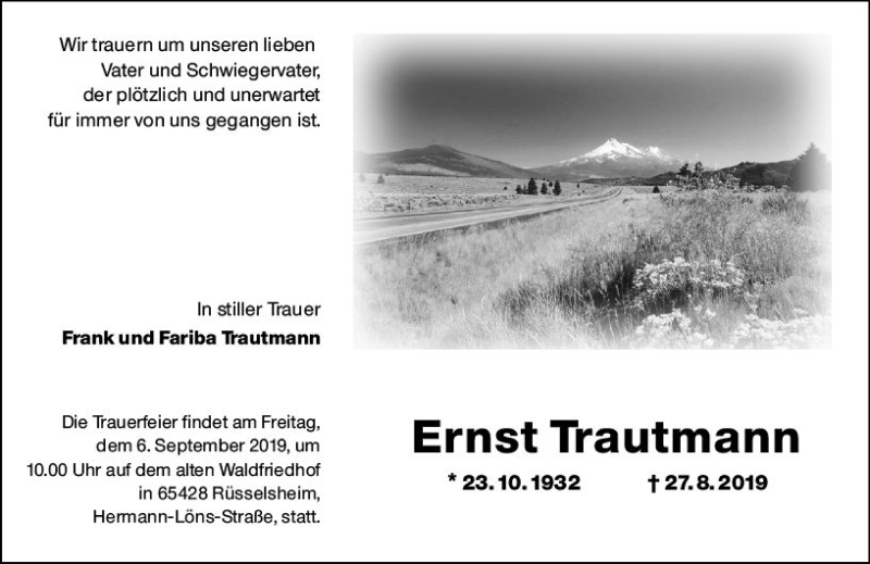  Traueranzeige für Ernst Trautmann vom 31.08.2019 aus vrm-trauer