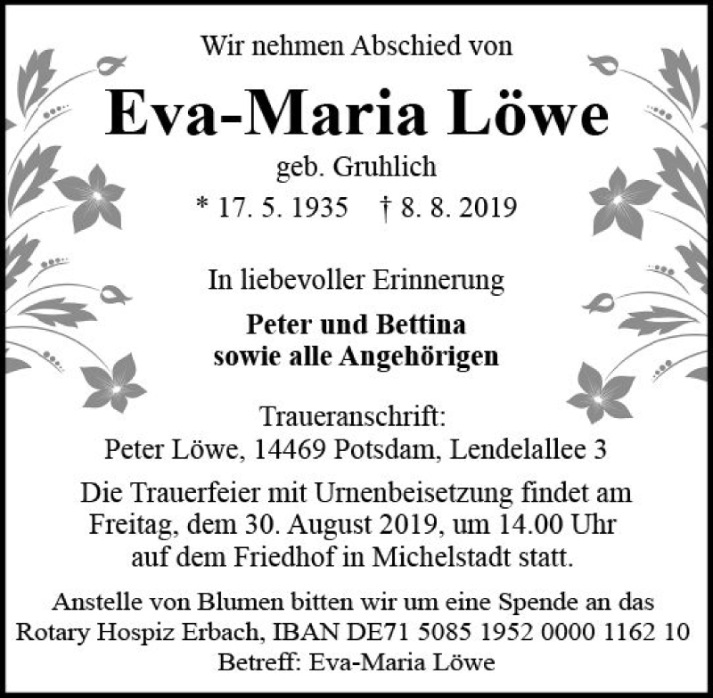  Traueranzeige für Eva-Maria Löwe vom 17.08.2019 aus vrm-trauer