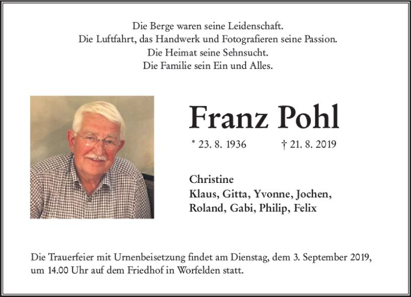  Traueranzeige für Franz Pohl vom 24.08.2019 aus vrm-trauer