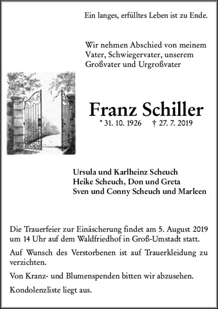  Traueranzeige für Franz Schiller vom 03.08.2019 aus vrm-trauer