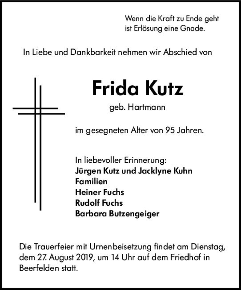  Traueranzeige für Frida Kutz vom 24.08.2019 aus vrm-trauer