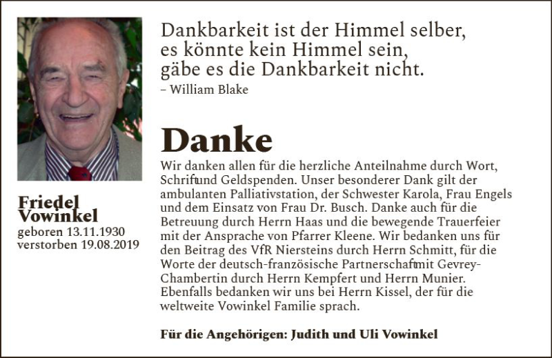  Traueranzeige für Friedel Vowinkel vom 31.08.2019 aus vrm-trauer