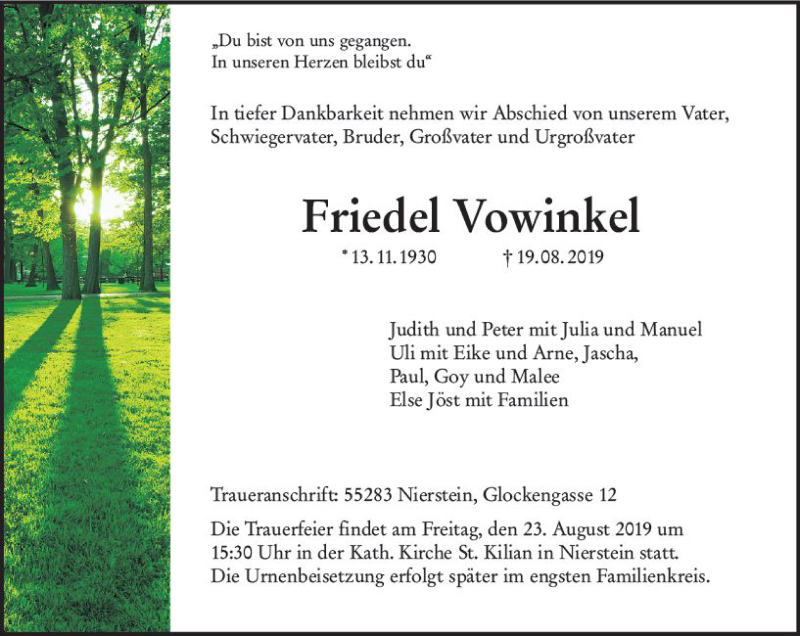  Traueranzeige für Friedel Vowinkel vom 22.08.2019 aus vrm-trauer