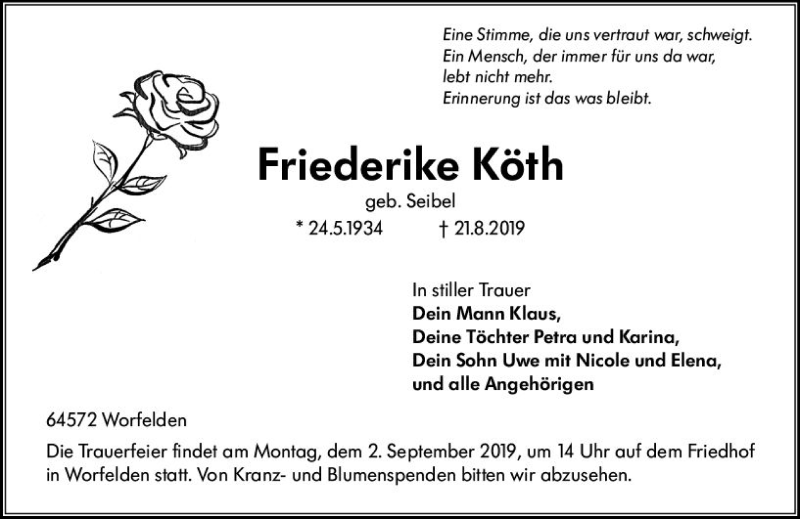  Traueranzeige für Friederike Köth vom 31.08.2019 aus vrm-trauer