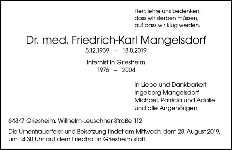  Traueranzeige für Friedrich-Karl Mangelsdorf vom 24.08.2019 aus vrm-trauer