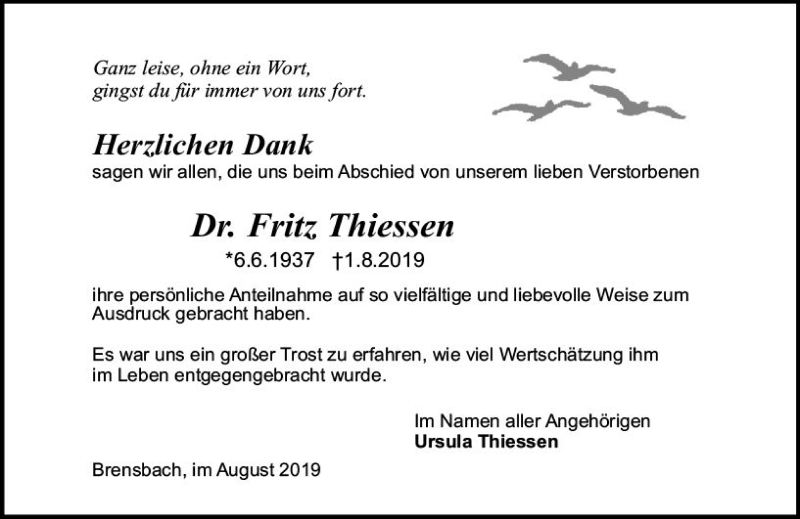  Traueranzeige für Fritz Thiessen vom 28.08.2019 aus vrm-trauer