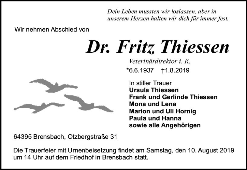  Traueranzeige für Fritz Thiessen vom 07.08.2019 aus vrm-trauer