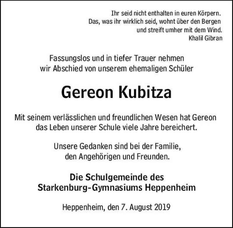  Traueranzeige für Gereon Kubitza vom 07.08.2019 aus vrm-trauer