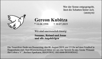 Traueranzeige von Gereon Kubitza von vrm-trauer