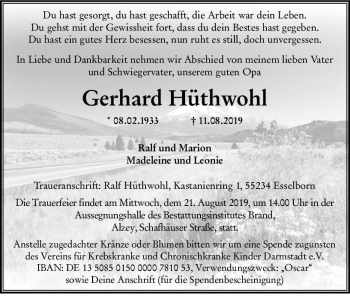 Traueranzeige von Gerhard Hüthwohl von vrm-trauer