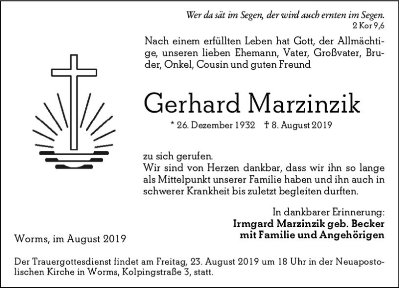  Traueranzeige für Gerhard Marzinzik vom 13.08.2019 aus vrm-trauer