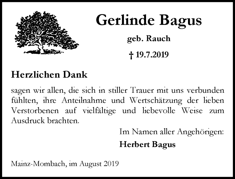  Traueranzeige für Gerlinde Bagus vom 10.08.2019 aus vrm-trauer