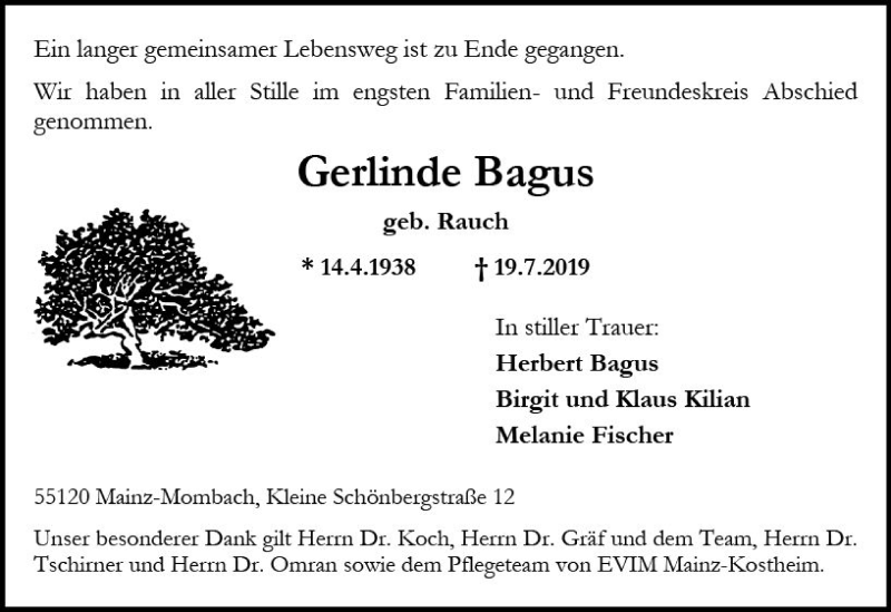  Traueranzeige für Gerlinde Bagus vom 03.08.2019 aus vrm-trauer
