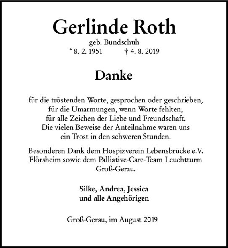  Traueranzeige für Gerlinde Roth vom 31.08.2019 aus vrm-trauer