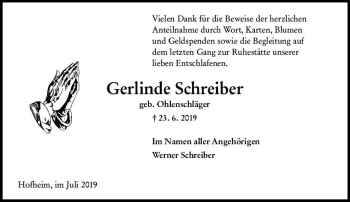 Traueranzeige von Gerlinde Schreiber von vrm-trauer
