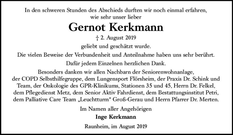  Traueranzeige für Gernot Kerkmann vom 31.08.2019 aus vrm-trauer
