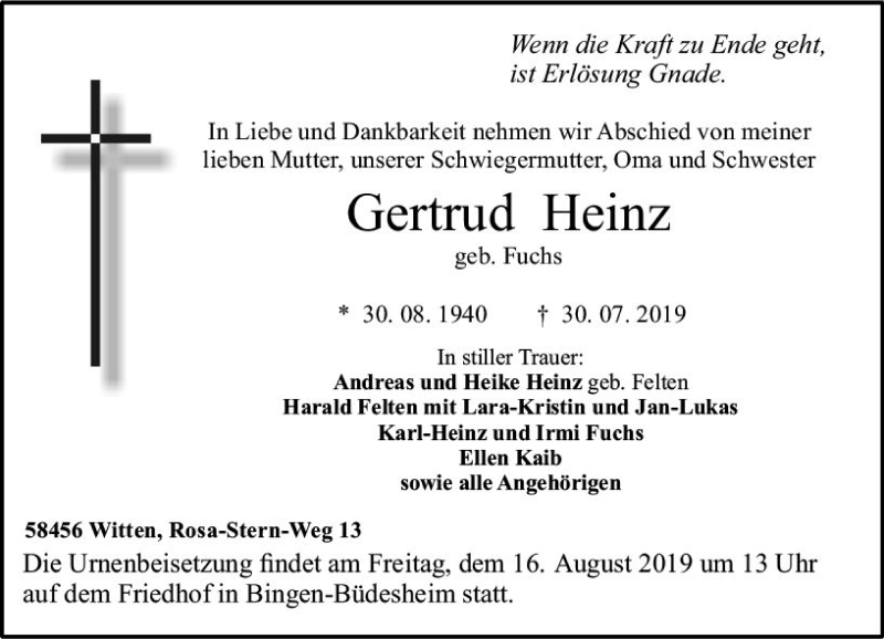  Traueranzeige für Gertrud Heinz vom 03.08.2019 aus vrm-trauer