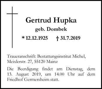 Traueranzeige von Gertrud Hupka von vrm-trauer