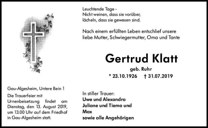  Traueranzeige für Gertrud Klatt vom 07.08.2019 aus vrm-trauer