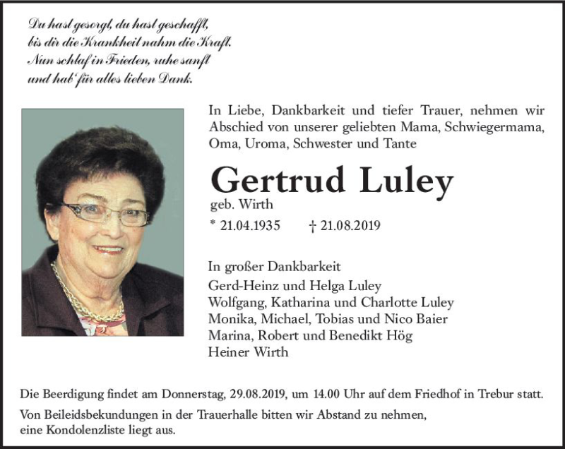  Traueranzeige für Gertrud Luley vom 26.08.2019 aus vrm-trauer