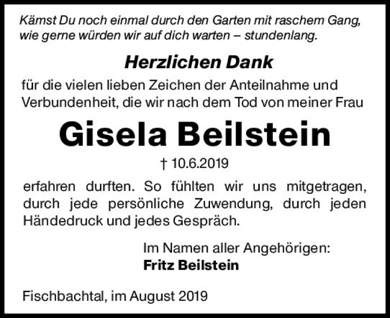  Traueranzeige für Gisela Beilstein vom 17.08.2019 aus vrm-trauer